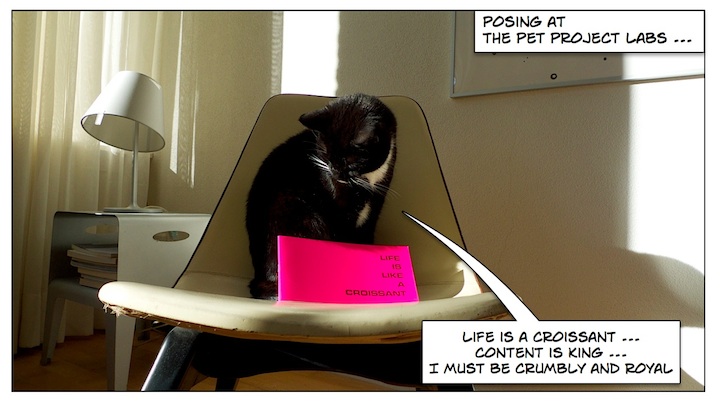 Posing at The Pet Project Labs ... 'Life is a croissant... Content is king... I must be crumbly and royal'